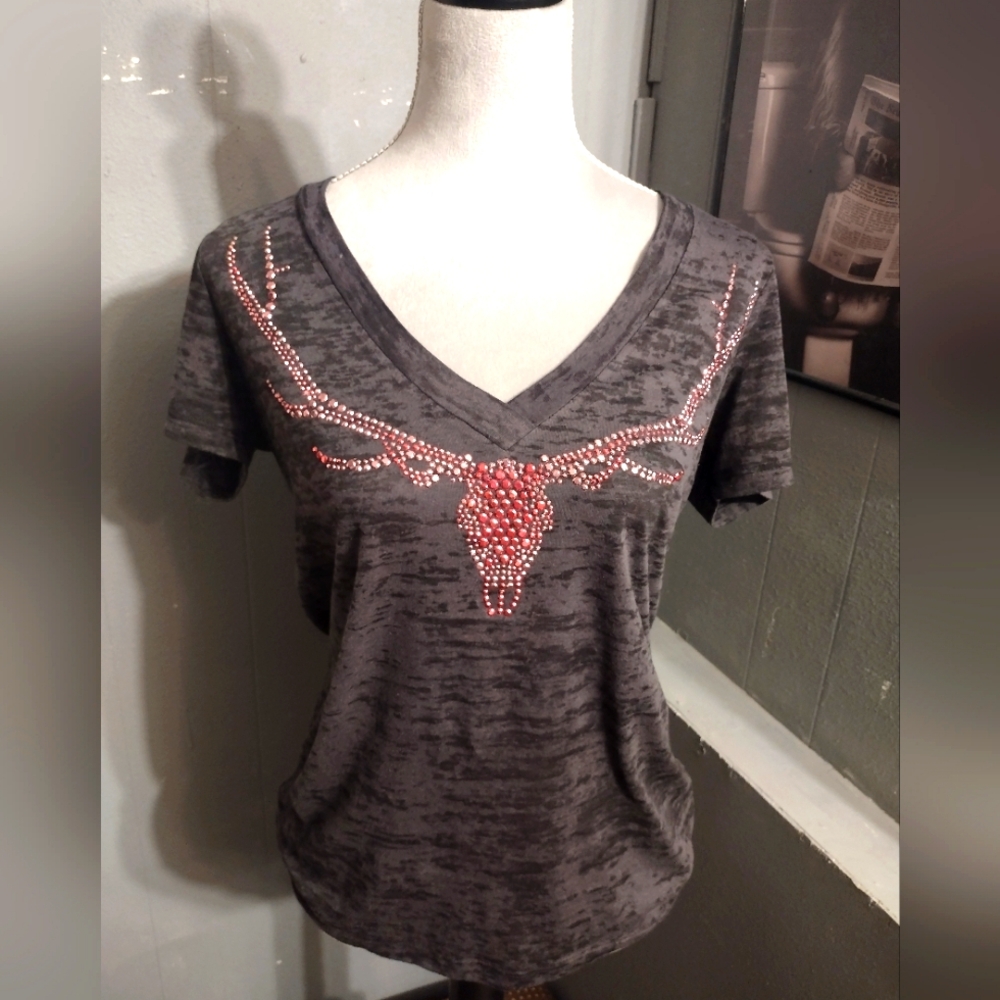 Cowgirl Hardware grey Burnout Rhinestone Cow Short Sleeve Shirt Women's Size XL
